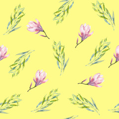 Floral seamless watercolor pattern with leaves and magnolia