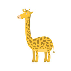 Cute bright cartoon orange with spots long neck smiling giraffe. Childish flat illustration of high giraffa for kids book design, stickers, educational and fun games, print, height chart