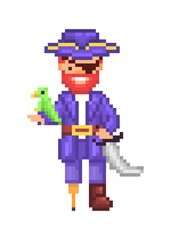 Obraz premium One-eyed pirate with a green parrot and a sword, old school 8 bit pixel art cartoon character isolated on white background. Brave filibuster. Captain of ship. Sea robber. Retro video game graphics.
