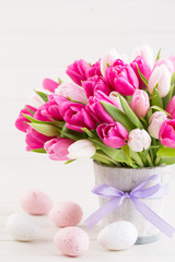 Pink tulip on the white background. Easter background