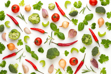 Vegetable and spices isolated on white background, top view. Wallpaper abstract composition of vegetables.