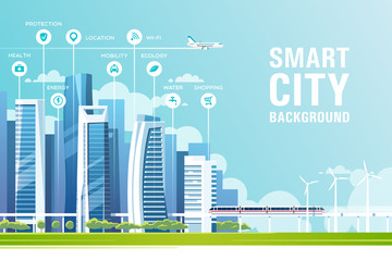 Urban landscape with buildings, skyscrapers and transport traffic. Concept of smart city with different icons. Vector illustration. - obrazy, fototapety, plakaty