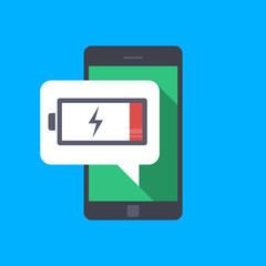 Message on the mobile phone about low battery charge. Little energy. Low charge on the mobile phone. You need to charge the portable device. Vector flat illustration isolated.