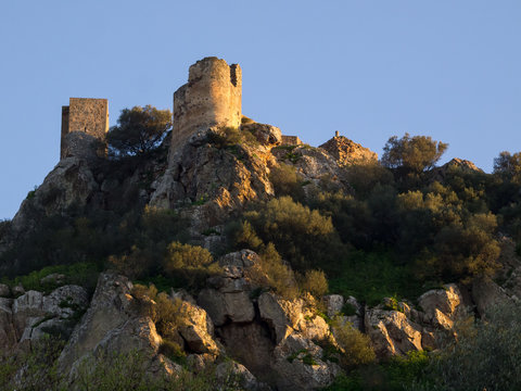 View of Alange Castle at sunset with blue sky. Alange, Badajoz, Extremadura