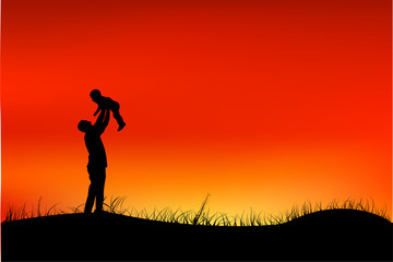 Silhouette of Father Have fun with his Children at grassland public park when sunset or sunrise