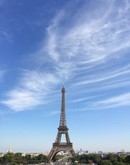 Fototapeta na wymiar The Eiffel Tower and Blue Sky with Plenty of Spaces for Text