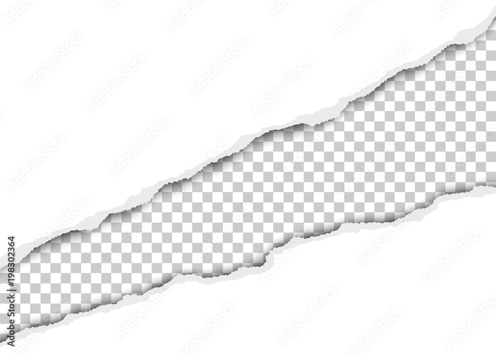 Poster vector ripped diagonal long hole in sheet of white paper with transparent resulting background. temp