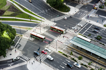 Aerial view on traffic on the wide Avenida 9 de Julio in centre city of Buenos Aires