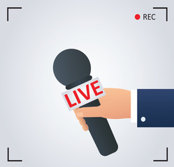 news illustration on focus tv and live with camera frame record. reporter with microphone, journalist symbol