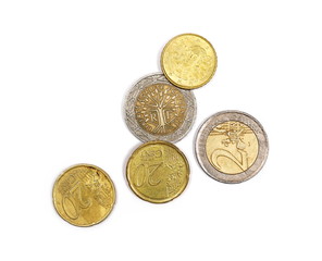 Euro coins, money, currency isolated on white background, top view