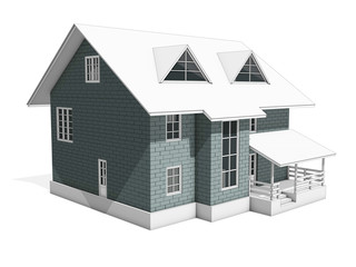 3d illustration of a two-storey cottage house. The walls of the blocks are highlighted in gray. 3d modeling