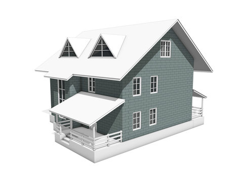 3d illustration of a two-storey cottage house. The walls of the blocks are highlighted in gray. View 2. 3d modeling