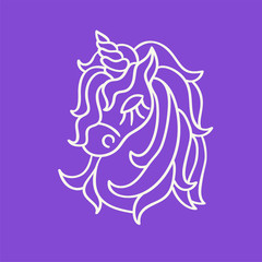 Unicorn head white outline sketch icon on the purple
