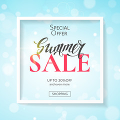 Elegant sale summer banner with the sun, a text and a frame on the blue background with effect bokeh. Vector template with lettering for design of flyers and newsletters with discount offers.