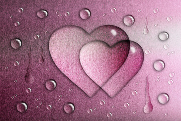 a drop of water in the shape of a heart, a pink metallic background, a matte texture