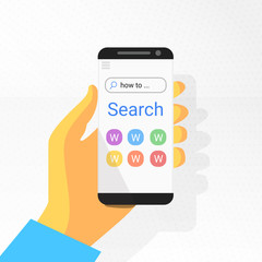 Internet search on smartphone in hand. Search text: how to. Mobile web surfing, find websites, information. searching engine icons, elements. Modern flat vector
