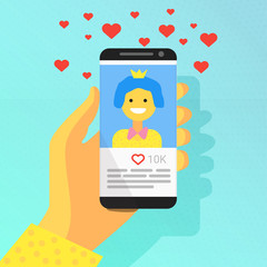 mobile social media. phone in a hand. Happy portrait face. Like this Selfie. Flat vector