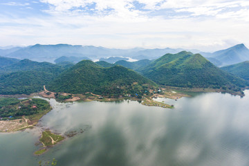Aerial view of camp site near lake