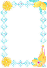 Watercolor handmade decorative frame border with lemon fruit and olive oil. Can be used for invitations, wedding, decorations, cards, wallpapers, menu.