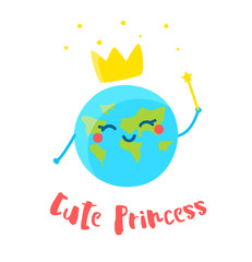 Cartoon Earth with crown and magic wand on white background. Flat style. Vector illustration.