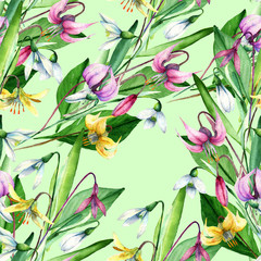 Snowdrop,Erythronium,Colorful floral pattern with leaves and flowers,Spring or summer design,drawing watercolor,seamless background, watercolor floral set