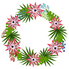 Fototapeta na wymiar Wreath with tropical flowers and leaves doodle style, design for postcard and invitation. Vector