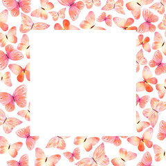 Watercolor handmade butterfly frame border. Perfect for invitations, decorations, cards, wallpapers.