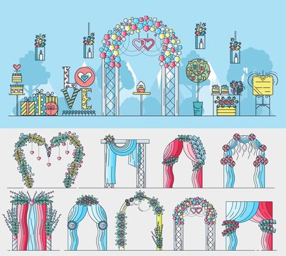 Set of chancels for wedding ceremony with different flowers and decorations. Layout modern vector background illustration design concept