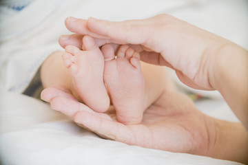 the feet of the baby in the hands of mother closeup