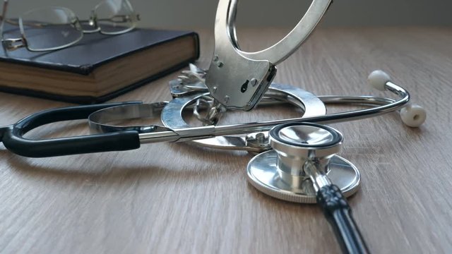 Medical negligence or malpractice concept. Handcuffs droping on a stethoscope.
