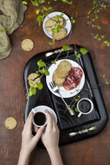 Breakfast on a wooden tray