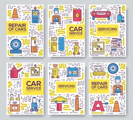 auto service vector brochure cards thin line set. mechanic repair a car template of flyear, magazines, posters, book cover, banners. Layout garage elements outline illustrations modern pages
