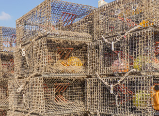 Closeup of a stack of lobster or crab traps