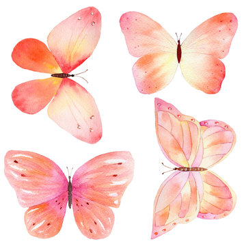 Set of colorful watercolor hand drawn butterflies.