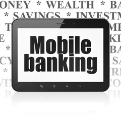 Money concept: Tablet Computer with  black text Mobile Banking on display,  Tag Cloud background, 3D rendering