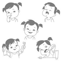Baby teeth set. Baby girl with tooth brush and paste. Baby crying for toothache. Healthy teeth. First teeth. Dentition. Baby care. Smiling child holding product. Monochrome vector illustration.