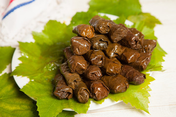 Delicious stuffed grape leaves.Dolma, stuffed grape leaves with rice and meat.