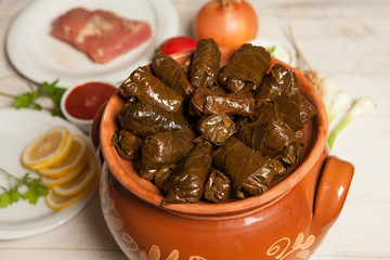 Delicious stuffed grape leaves.Dolma, stuffed grape leaves with rice and meat.