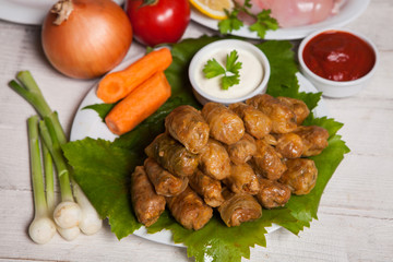 Delicious stuffed grape leaves.Dolma, stuffed grape leaves with rice and meat.