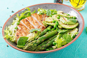 Chicken fillet cooked on a grill with a garnish of asparagus and grilled avokado. Dietary menu. Healthy food