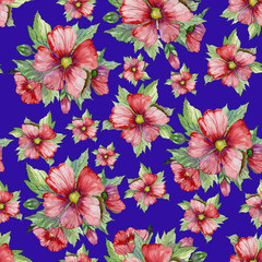 Red malva flowers with green buds and leaves on blue background. Seamless pattern.  Watercolor painting. Hand drawn floral illustration.