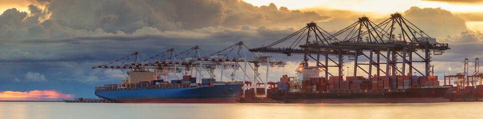 Panorama of logistic port with container loading and vessel