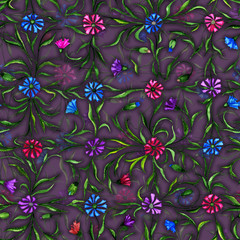 Small beautiful flowers with leaves on dark purple background. Bright cornflowers in check pattern. Seamless pattern. Watercolor painting.