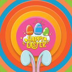 happy easter greeting card wtih bunny, calligraphic text, clouds , rainbow and color easter eggs. vector easter kids cartoon poster