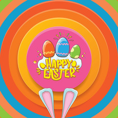 happy easter greeting card wtih bunny, calligraphic text, clouds , rainbow and color easter eggs. vector easter kids cartoon poster