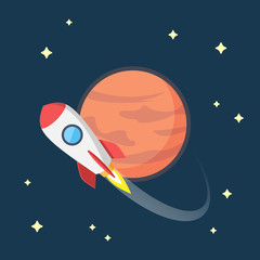 Flat Design Vector illustration of Rocket flying in Space around the Mars