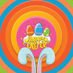 happy easter greeting card wtih bunny, calligraphic text, clouds , rainbow and color easter eggs. vector easter kids cartoon poster