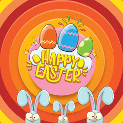 happy easter greeting card wtih bunny, calligraphic text, clouds , rainbow and color easter eggs. vector easter kids cartoon poster