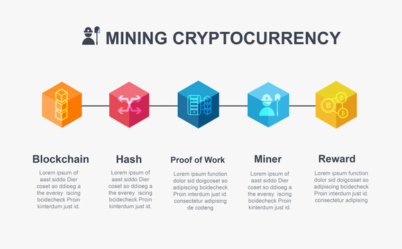 Mining Cryptocurrency mean info graphic concept. How about mining cryptocurrency in blockchain technology?  Block icon, distribution, ledger, Transaction, Hash, Bitcoin, Proof of work and reward.