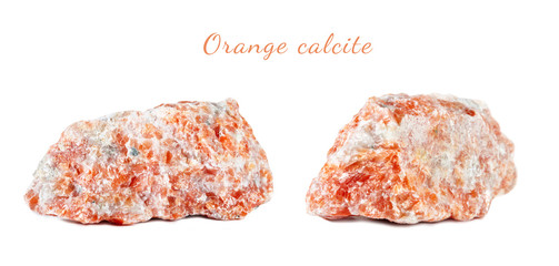 Macro shooting of natural gemstone. Raw mineral orange calcite, Brazil. Isolated object on a white background.